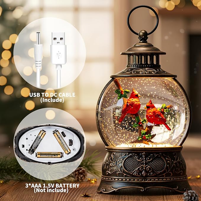 Christmas Village Snow Globe Lighted Cardinal Holly Scene, Musical Snow Water Lantern Swirling Glittering Home Decoration and Gift, Battery Operated or USB Powered