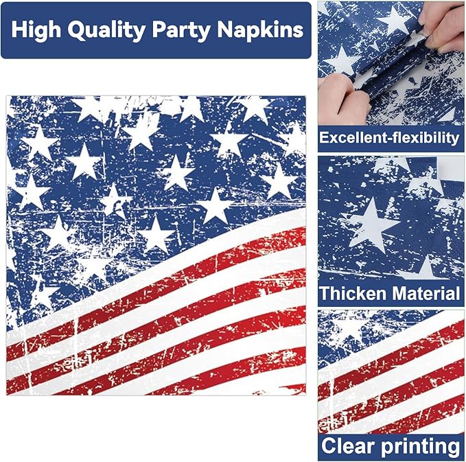 4th of July Oval Paper Plates 11inch Paper Plate and Napkin, Dish Tray American Flag Supplies Party Decoration Patriotic Supplies for Independence Veterans Labor Day Memorial Day Tableware, 25 Guest