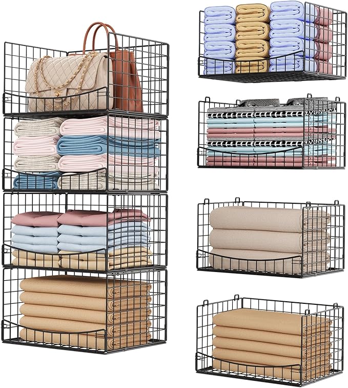 JKsmart 4-Tier Stackable Closet Organizers and Storage Shelves, Extend Clothing Closet Shelf Bins for Jeans Pants Sweaters - Wardrobe Cupboard Clothes Organizer System-Wider Mouth Design