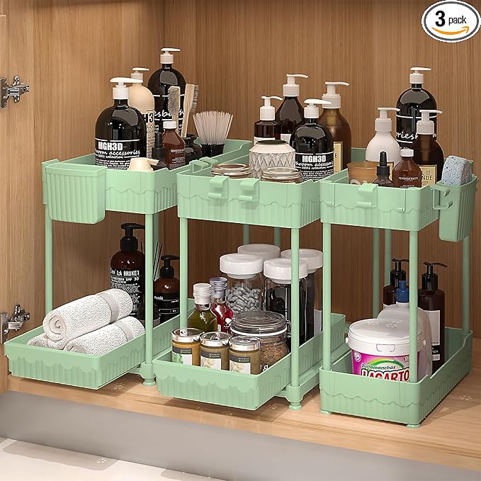 3 Pack Under Sink Organizers, 2-Tier Multi-Use Kitchen and Bathroom Organizers and Storage with Sliding Drawers，Bathroom Cabinet Organizer (Green, 12.8 Inch)
