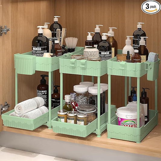 3 Pack Under Sink Organizers, 2-Tier Multi-Use Kitchen and Bathroom Organizers and Storage with Sliding Drawers，Bathroom Cabinet Organizer (Green, 14.8 Inch)