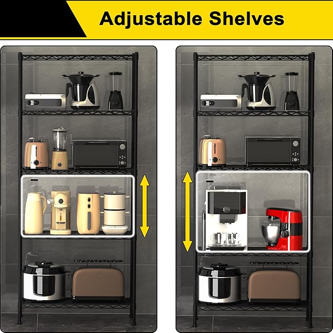 GIOTORENT 4-Wire Garage Shelving Storage Shelves, Metal Shelf Organizer 1400Lbs Capacity, Kitchen Storage Adjustable Shelf for Laundry Bathroom Pantry Closet, Black 36.2''L x 14''W x 53.4''H