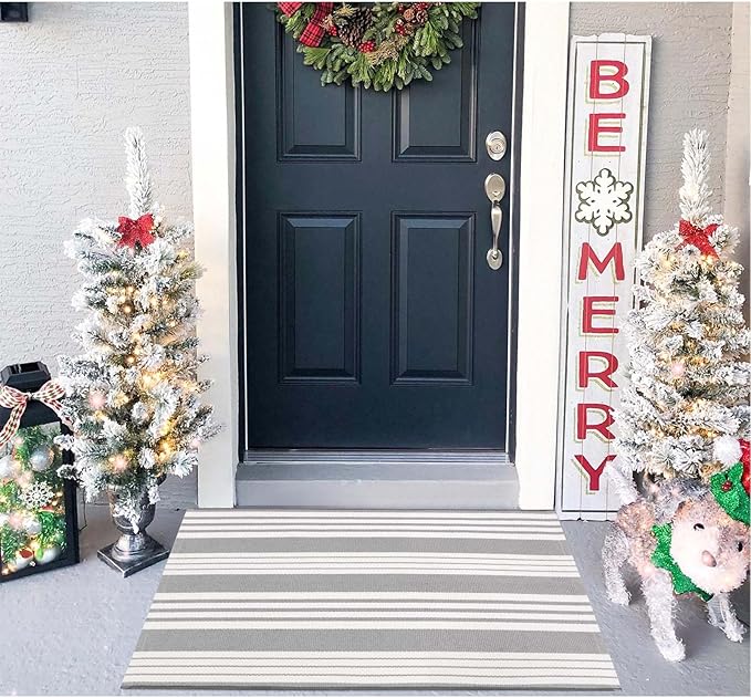 OJIA Fall Front Door Mat Outdoor 24"x35" Front Door Rug Gray and White Striped Outdoor Rugs Washable Entry Rug Indoor Door Mats Cotton Woven Small Area Rugs for Entrance/Porch/Kitchen/Entryway