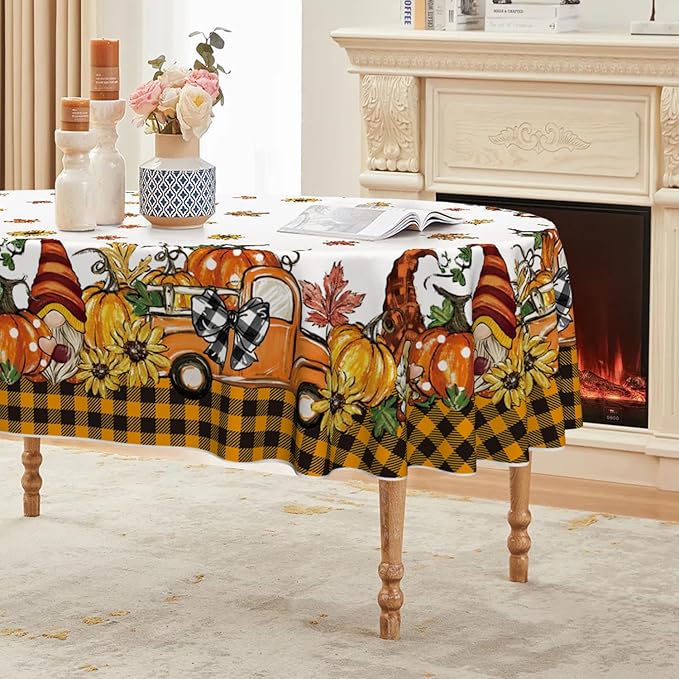 Horaldaily Fall Tablecloth 60×84 Inch Oval, Thanksgiving Autumn Harvest Orange Truck Gnome Pumpkin Buffalo Plaid Table Cover for Party Picnic Dinner Decor
