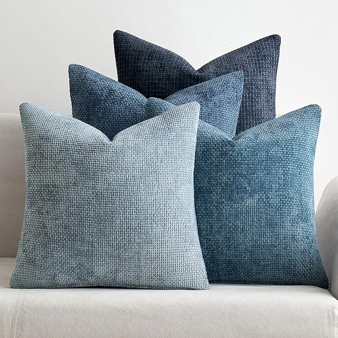 MIULEE Pack of 4 Couch Throw Pillow Covers 18x18 Inch Neutral Blue Soft Decorative Chenille Pillow Covers Farmhouse Accent Cushion Covers for Boho Western Home Coastal Decor Sofa Bedroom Living Room
