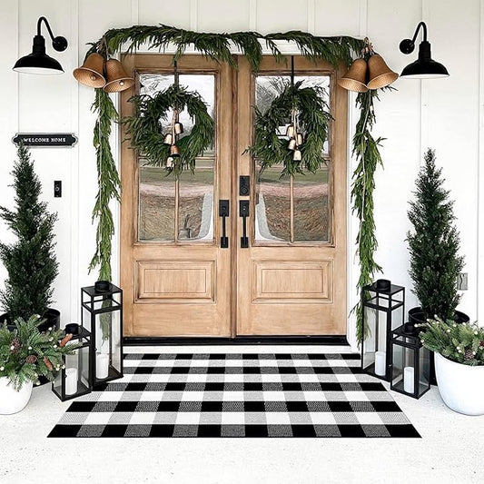 SEEKSEE Cotton Buffalo Plaid Rug 3'x5' Black and White Checked Rug Washable Doormats Indoor Outdoor Rugs for Layered Front Door Mats, Porch, Kitchen, Farmhouse, Entryway