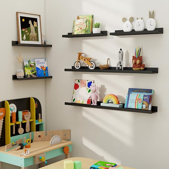 Axeman Picture Ledge Shelf, Floating Shelves for Wall Decor Storage Set of 6, 16 inch Floating Wall Mounted Shelves, Wall Shelves with Lip for Living Room, Bedroom, Nursery, Bathroom, Kitchen, Black