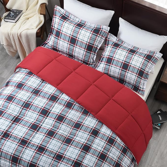 Beyond Basic King Size Comforter Set - Black & Red Striped, Lightweight Down Alternative King Set (Red/Black)