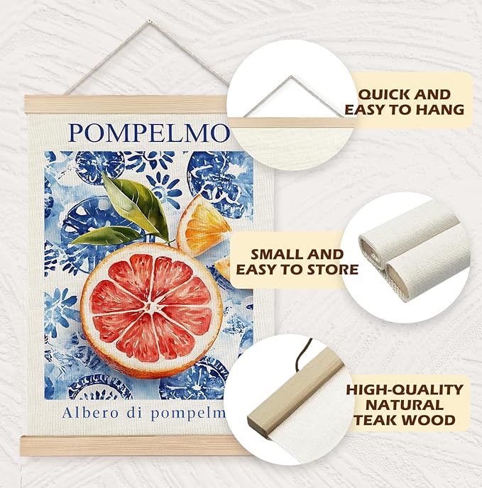 Yomisex Italian Amalfi Coast Grapefruit Wall Art Poster, Italian Kitchen Decor, Blue and White Mediterranean Tiles Pompelmo Fruit Wall Art Framed for Kitchen Dining Room Home Decor, 12x16 Inch