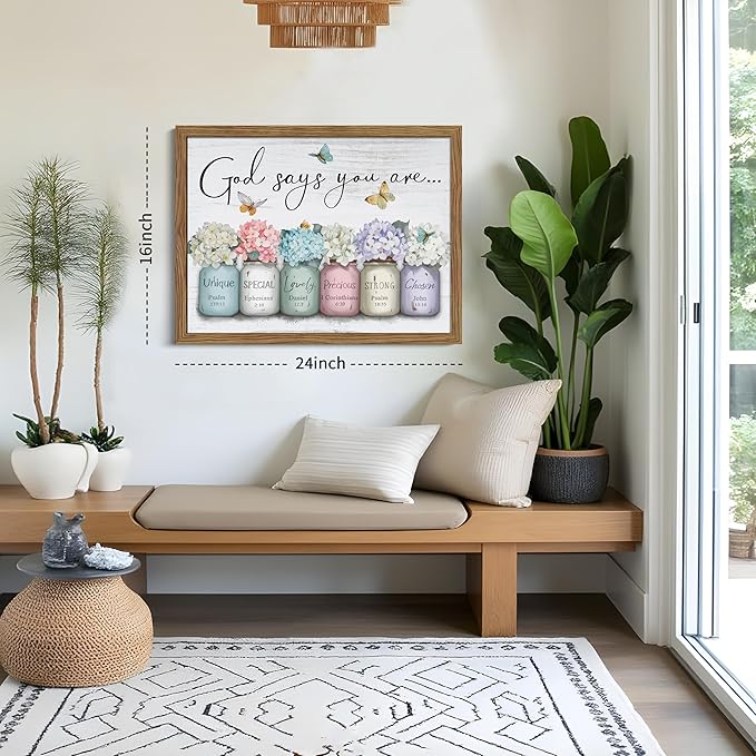 Wood Framed Inspirational Bible Verse Wall Art, Christian God Says You Are Wall Decor Paintings, Farmhouse Scripture Mason Jar Flower Pictures Posters Prints for Bathroom Bedroom Home Decor 12x16 Inch