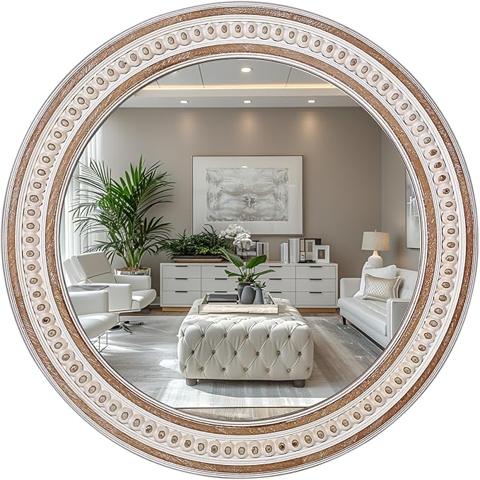 24 Inches Rustic Round Wall Mirrors - Wooden Farmhouse Circle Mirror for Bathroom, Entryway, Bedroom, Living Room, Entryway Decorative