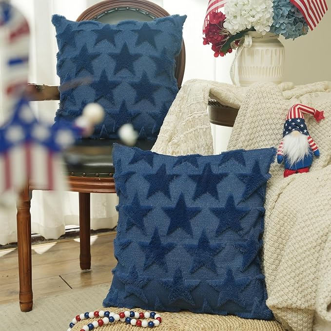 GEEORY 4TH of July Stars Soft Plush Pillow Covers, 20 x 20 Inch Set of 2, Fluffy Faux Fur Wool Decorative Farmhouse Cushion Case for Sofa Home Decoration Blue GC017-20