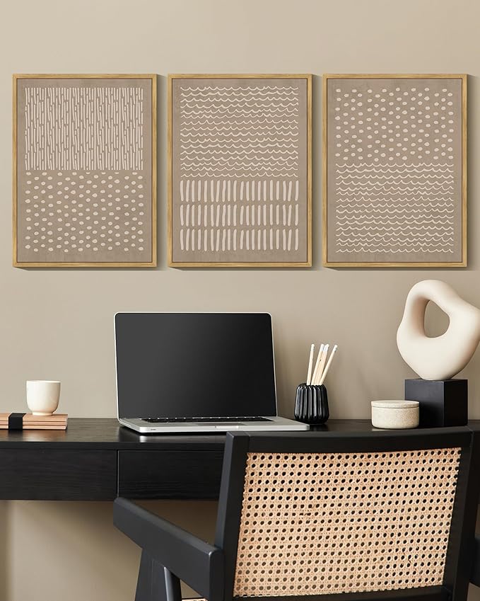 KUVIOKE Boho Mid-Century Modern Wall Art Framed Neutral Retro Minimalist Geometric Prints Rustic Bohemain Artwork Kitchen Dining Room 11x14in (Natural Framed)