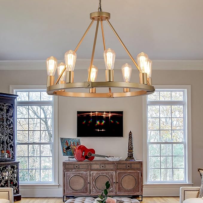 9MMML 23.6“ 8 Lights Golden Wagon Wheel Chandelier, Large Luxury Kitchen Island Pendant Light for Living Dining Room Foyer Entryway,Height Adjustable,E26.