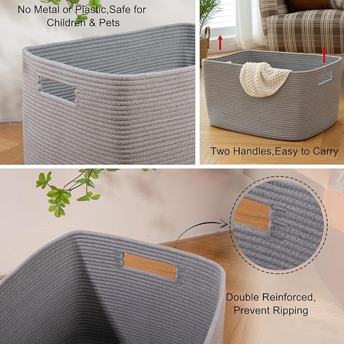 OIAHOMY 75L Large Blanket Basket, Woven Blanket Storage Basket with Handle, Cotton Rope Basket for Organizing 22”x17”x12”, Blanket Basket living Room, Toy Basket for Nursery, Grey