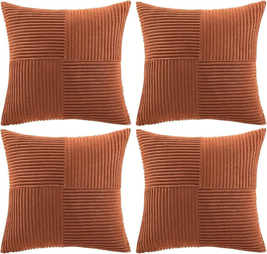 Fancy Homi 4 Packs Rust Decorative Throw Pillow Covers 16x16 Inch for Living Room Couch Bed, Rustic Farmhouse Boho Home Decor, Soft Cross Patchwork Corduroy Square Terracotta Cushion Case 40x40 cm