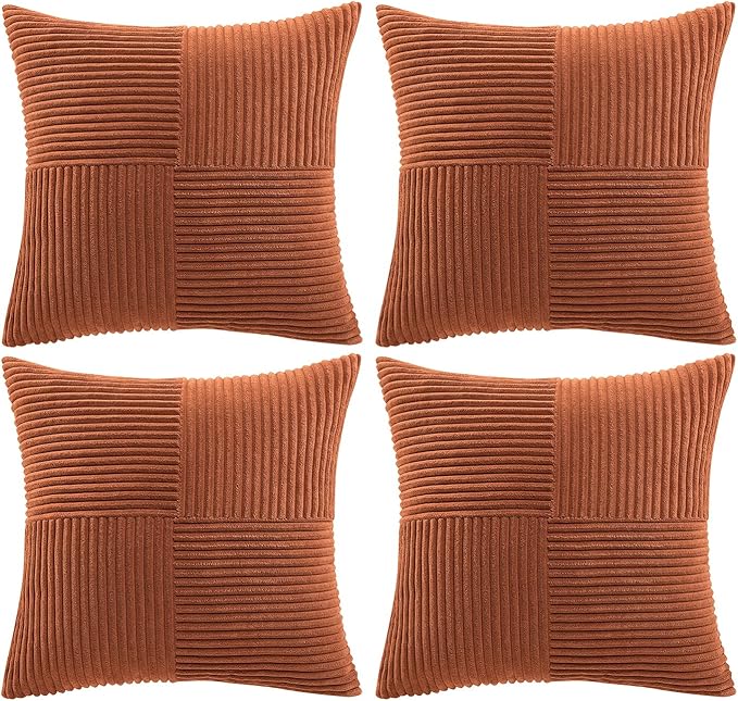 Fancy Homi 4 Packs Rust Boho Decorative Throw Pillow Covers 18x18 Inch for Couch Bed Sofa, Farmhouse Fall Home Decor, Soft Cross Corduroy Patchwork Textured Terracotta Accent Cushion Case 45x45 cm