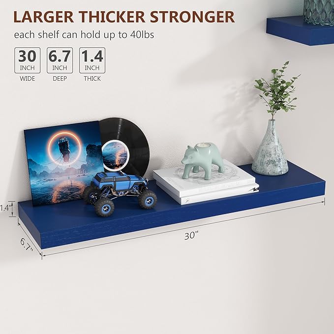 30 Inch Floating Shelves, Dark Blue Floating Shelves for Wall Set of 2, 30'' Long Wooden Wall Shelves for Living Room Bedroom Kids' Room Boys' Room - Dark Blue