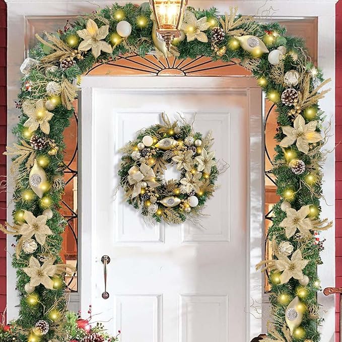 WANNA-CUL Pre-Lit 6 Feet/72 Inch Christmas Garland for Front Door with Lights Champagne Gold Christmas Mantel Garland Decoration with Ball Ornaments, Poinsettia Flowers,Ribbon,Battery Operated 30 LED