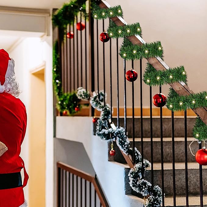 WATERGLIDE 49FT Lighted Christmas Green Garland with 100 Count Clear String Lights, Pre-lit Long Artificial Greenery Garlands, Plug in Holiday Decorative Lights for Indoor Outdoor Decor