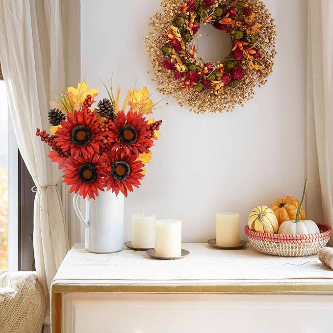 Briful Set of 2 16in Fall Burgundy Sunflower Picks and Sprays with Pinecones Berries Maple Leaves Artificial Fall Floral Branches Stems for Autumn Home Wedding Party Vase Centerpieces Decor