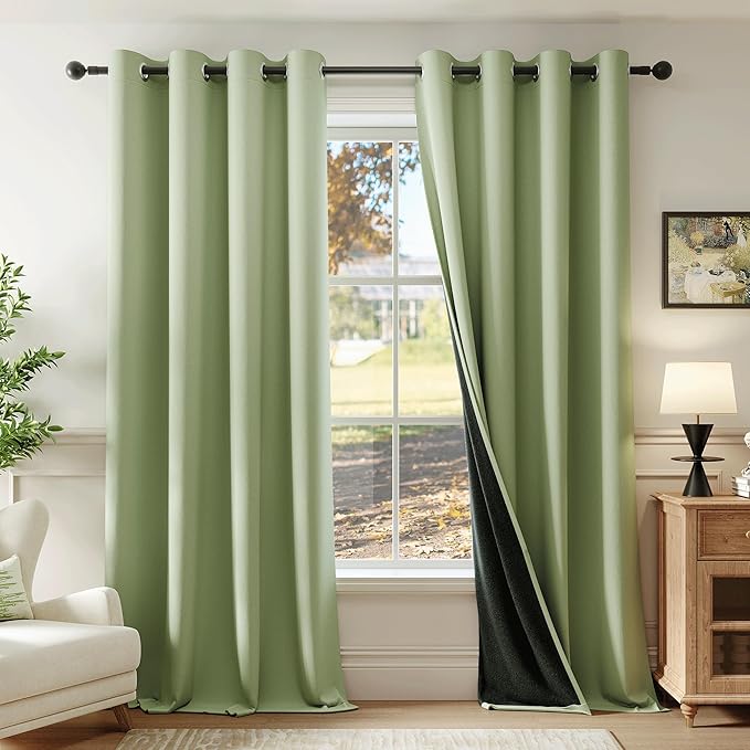 Beauoop Sage Green 100% Blackout Curtains 54 Inch Long 2 Panels for Bedroom Living Room Solid Room Darkening Thermal Insulated Soundproof Energy Saving Grommet Top Window Treatment Drapes,52x54 2 Set