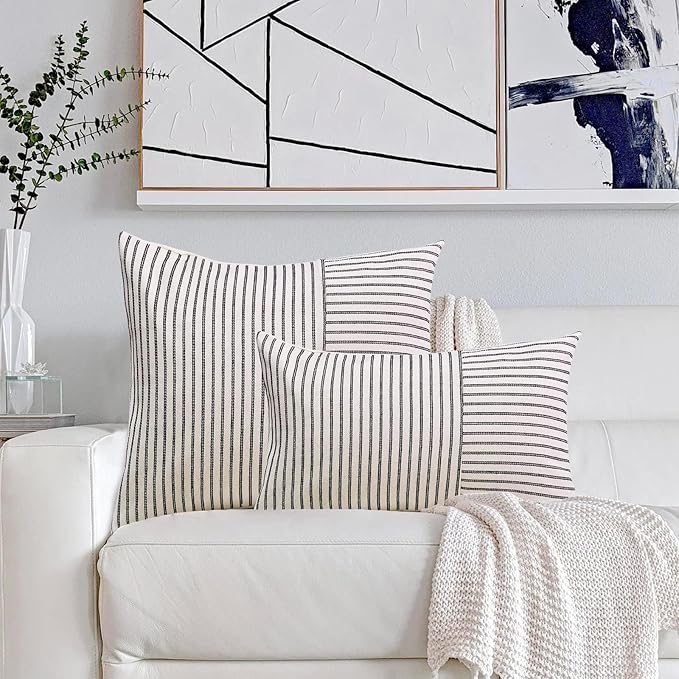 Farmhouse Pillow Covers 12x20, Modern Accent Lumbar Throw Pillow Covers Set of 2, Black and Beige Striped Patchwork Linen Decorative Pillows Cushion Covers for Couch Chair Bedroom Fall Decorations