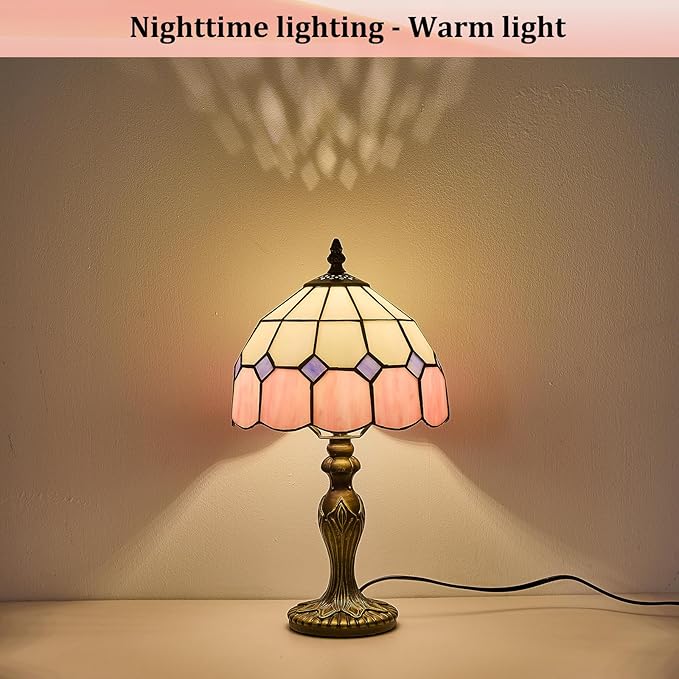 Tiffany-Style 8 Inch Table Lamp Mediterranean Series Stained Glass Lampshades Small Bedside Lamp Reading Antique Desk Light Livingroom Bedroom Office Vintage Art Deco Victorian(Color:Pink)