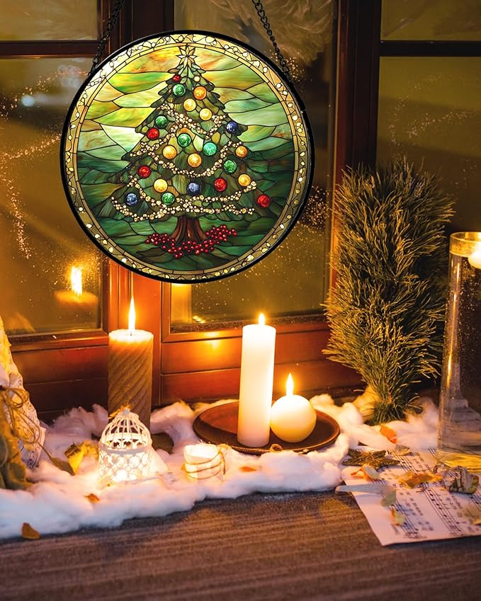 Stained Glass Window Hanging - Green Christmas Tree Gold Ribbon Suncatcher for Doors Home Christmas Decoration Sun Catcher Thanksgiving New Year Birthday Gifts for Women Men Mom Nana 7.8 in
