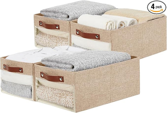 Medium Storage Baskets with Clear Window, See Through Closet Organizer with PU Handles, Linen Foldable Storage Bins for Organizing Clothes, Toys, Books (Khaki)