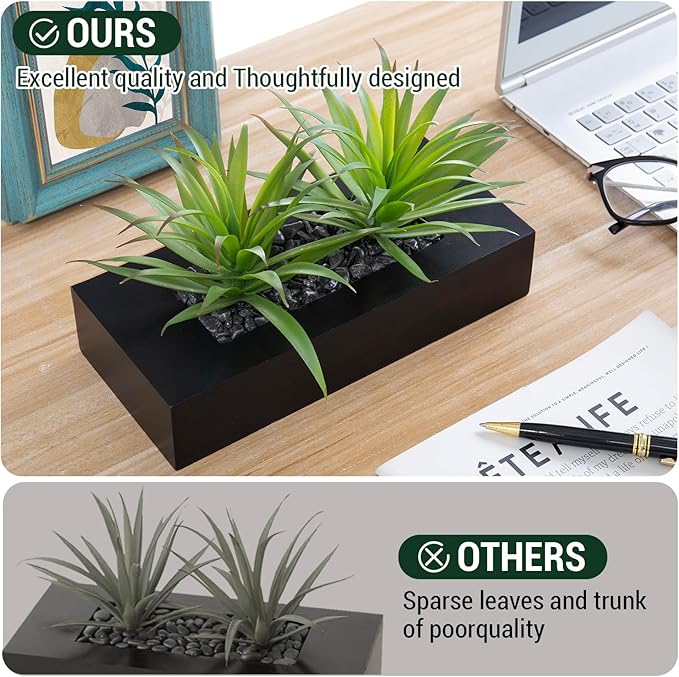 MyGift 10 Inch Fake Grass Artificial Plants in Rectangular Black Wood Planter - Faux Plants Indoor for Tabletop Centerpiece Décor