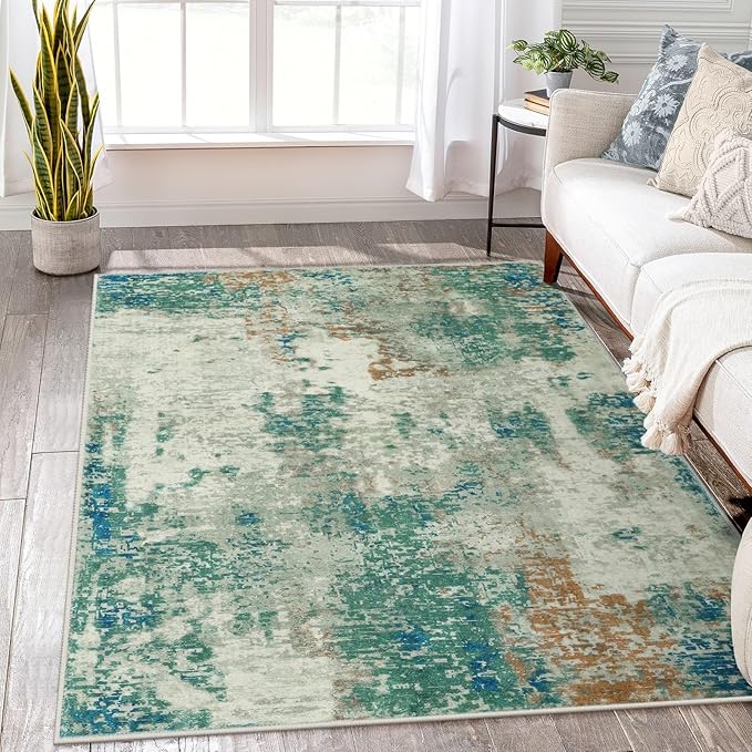 Lahome Modern Abstract Area Rug 5x7 Rugs for Living Room, Washable Accent Bedroom Rug Non-Slip Non Skid, Indoor Floor Contemporary Carpet for Kitchen Bathroom Laundry,Green/Grey