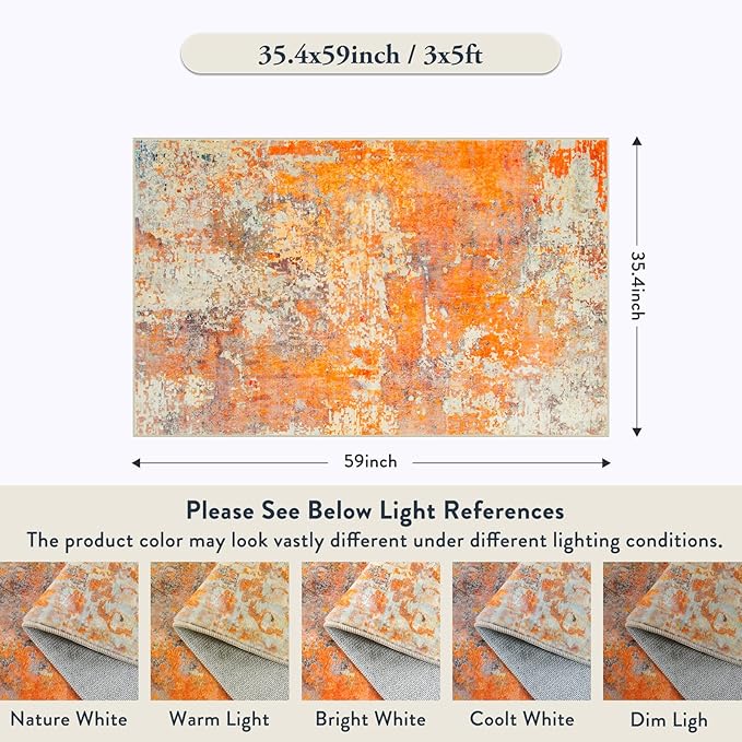 Lahome Modern Abstract Area Rug - Soft 3x5 Rugs for Bedroom Washable Living Room Entryway Rug, Contemporary Non Slip Indoor Accent Carpet for Nursery Office Kitchen Bathroom, Orange/Yellow