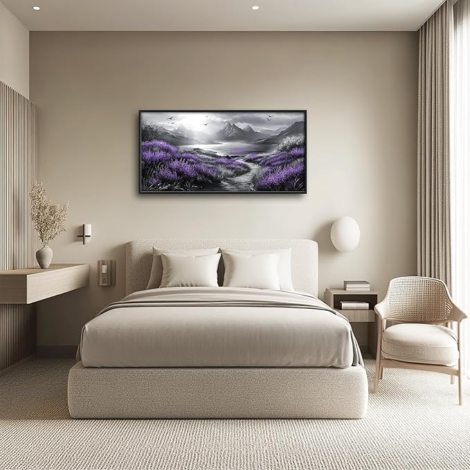 Olivine Large Wall Art, Landscape Pictures Wall Decor, Black And White Mountain Painting, Purple Nature Scenery Canvas Prints, Framed Artwork for Living Room Bedroom Bathroom Office Home 60"x30"