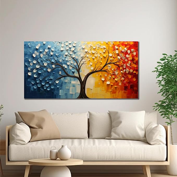 Colorful Tree of Life Wall Art for Living Room Blue and Orange Tree Picture Large Artwork Office Bedroom Canvas Prints Size 24x48