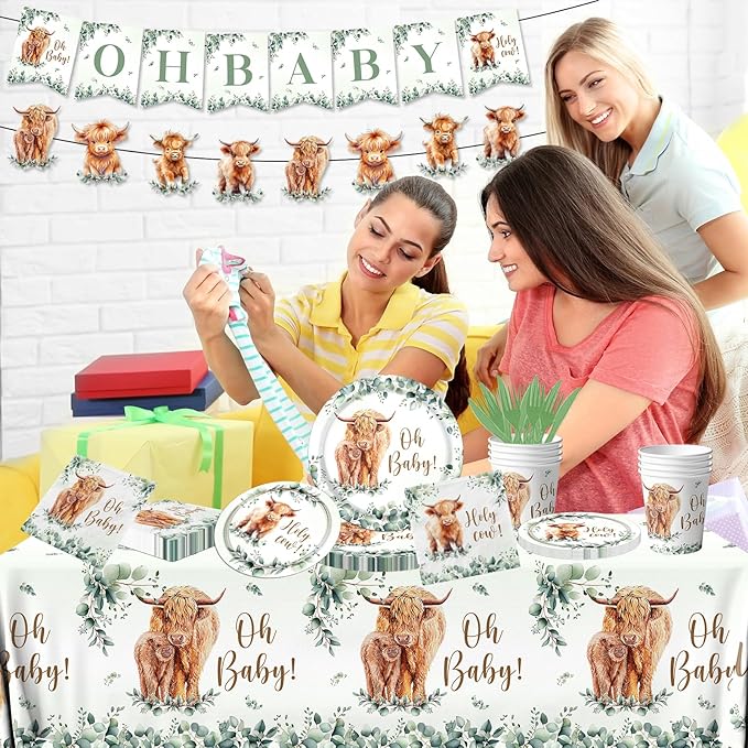 Highland Cow Birthday Decorations - 142Pcs Highland Cow Tableware Cow Plates and Napkins Western Theme Party Decorations for Birthday Baby Shower,Highland Cow Party Favors