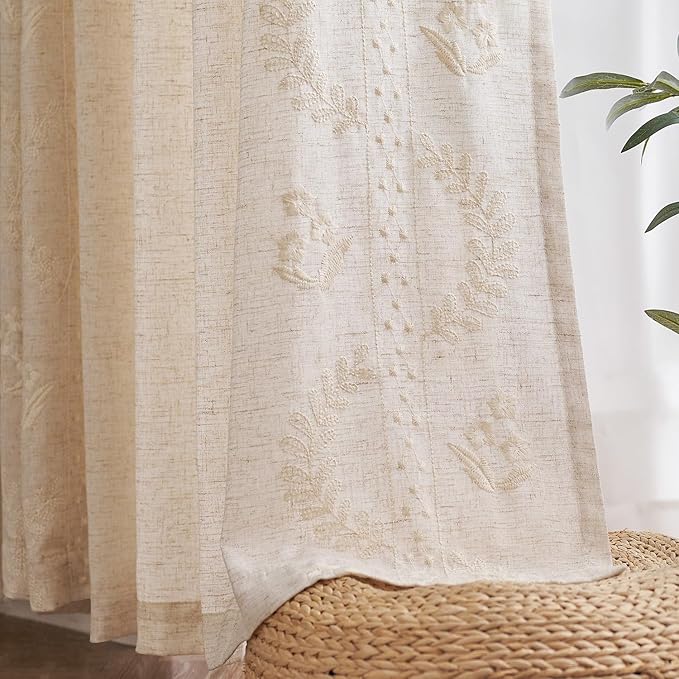 jinchan Belrose Linen Curtains for Bedroom Floral Curtains 84 Inch Length Linen Blend Ivory Embroidered Drapes Farmhouse Flower Patterned Drapes for Living Room Window Treatments Set 2 Panels