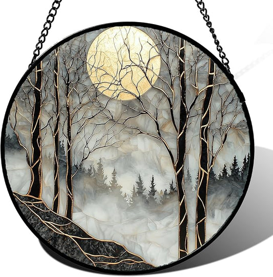 Stained Glass Window Hanging - Black and White Gold Moon Forest Sun Catcher for Door Home Decor Suncatcher Christmas Mother's Day Birthday Gifts for Women Men Lovers Mom Nana 15 in