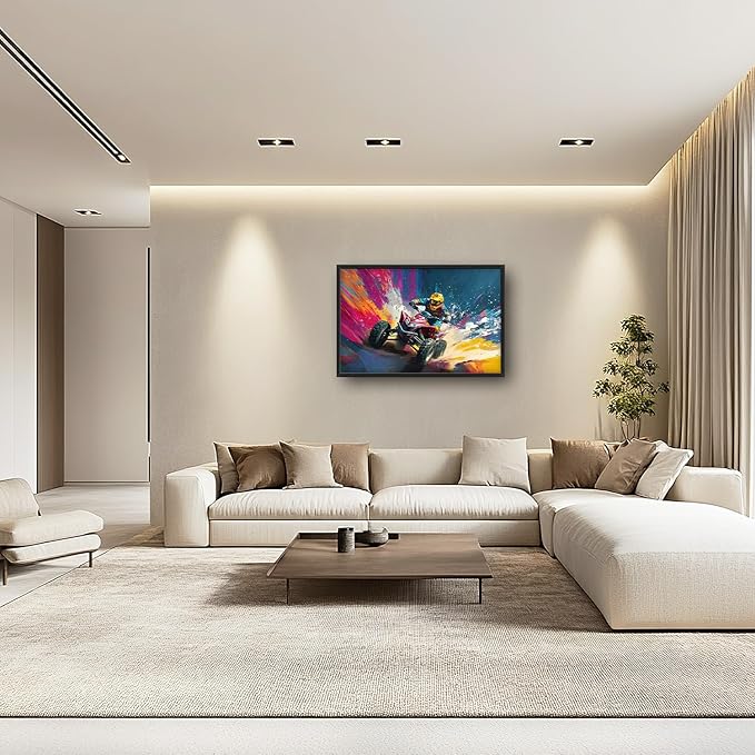 Flintis Large Kart Racing Framed Wall Art Racing Car Pictures Wall Decor Abstract Colorful Race Car Canvas Painting Print Artworks Decor Framed for Living Room Bathroom Master Bedroom 36L X 24W