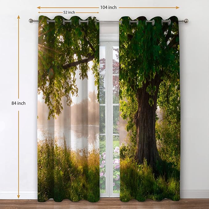 Jekeno Oak Tree Forest Blackout Curtains Green Tree Jungle Nature Landscape Foggy Scenery Stream View Print Decor for Bedroom Living Room Grommet Window Drapes 2 Panel Set, 52"x84"