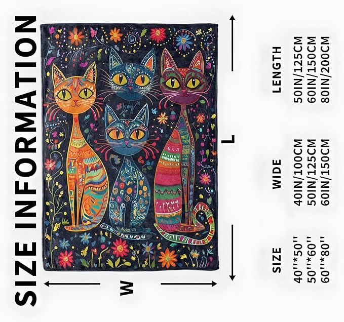 Boho Cat Blanket, Cozy Flannel Colorful Patterned Kittens Throw Blanket, Soft Fuzzy Blankets for Travel Home Decor, All Season Lightweight Couch Bed Cover, Gifts for Women Adults Kids 40"×50"