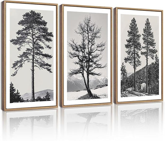 KUVIOKE Vintage Black Gray Forest Wall Art Framed Antique Retro Tree Prints Modern Rustic Artwork Bedroom Living Room Ready to Hang 16x24in (Natural Framed)
