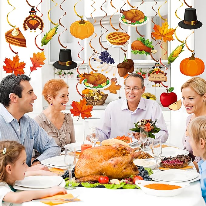 Thanksgiving Decorations Pre-strung Thankful Banner Turkey Pumpkin Maple Leaves Hanging Swirls Thanksgiving Hanging Ceiling Streamers for Indoor Outdoor Home Office Fall Autumn Harvest Party Decor