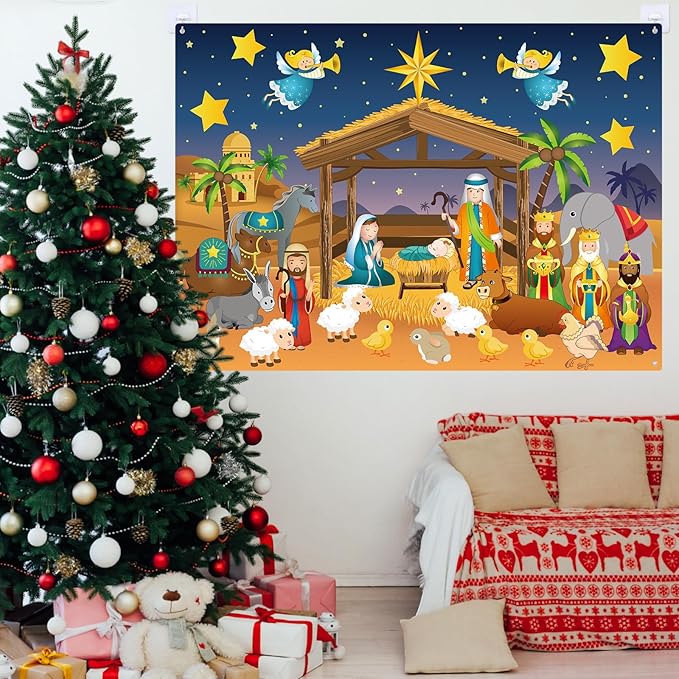 Christmas Nativity Scene Felt Story Board 3.4FT Christmas Felt Story Board Birth of Jesus Crafts Kit Xmas Religious Wall Decor Ornaments for Holiday Xmas Church Sunday School (35,Nativity)