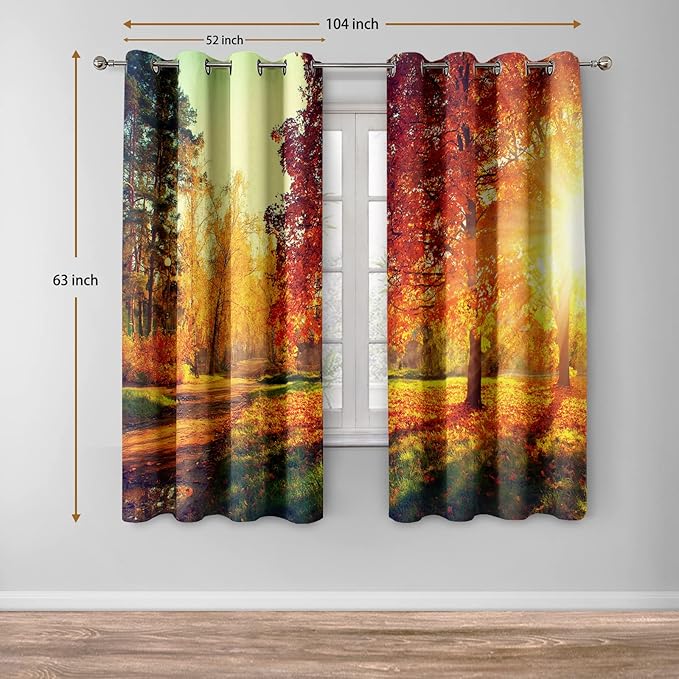 Jekeno Forest Blackout Curtains Jungle Autumn Tree Orange Leaves Sunlight Print Fall Nature Scenic Decor Home Bedroom Living Room Grommet Window Drapes 2 Panel Set, 52"x63"