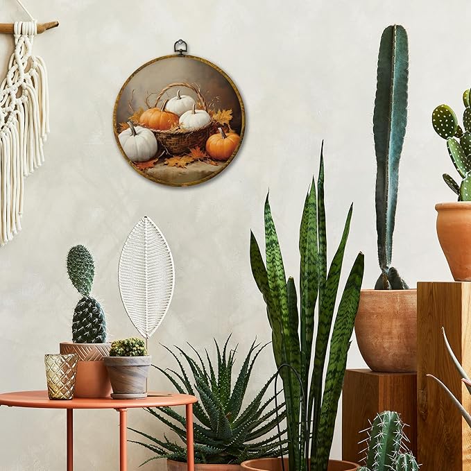 Mcehtle Vintage Fall Pumpkin Maple Leaf Wall Art Decor, Farmhouse Rustic Harvest Autumn Pumpkin Framed Canvas Prints 10x10, Fall Round Wall Hanging Artwork Decorations for Bedroom Living Room