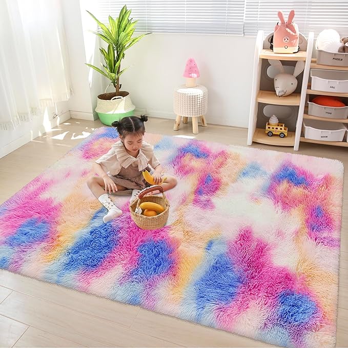 Fluffy Colorful Rug for Bedroom Girls 4x6 Kawaii Rainbow Tie Dye Area Rug Fuzzy Indoor Floor Unicorn Rug for Living Room Kids Nursery Baby Princess Room Dorm Home Decor Aesthetic Carpets