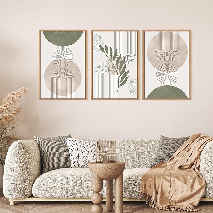 HPINUB Sage Green Framed Canvas Prints Wall Art Set, Abstract Botanical Boho Wall Decor, Minimalist Geometric Line Leaf Canvas Artwork for Living Room, Bedroom, Dining Room, Office, Bathroom -