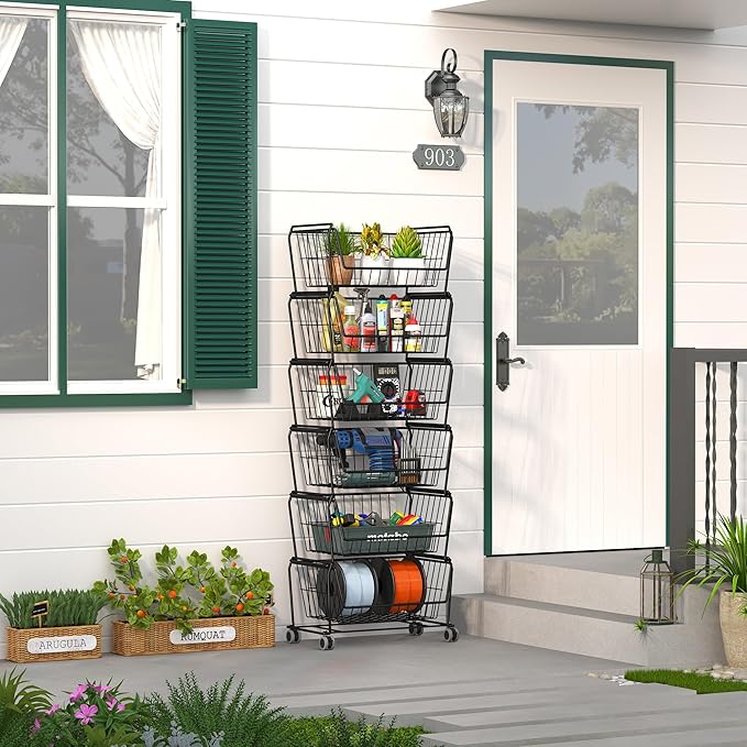 PUSDON Stackable Metal Storage Carts, Dual Use Shelf for Kitchen Fruit Vegetable Baskets with Wheels, Storage Rack for Living Room, Home & Office, Standard Black 6 Tiers