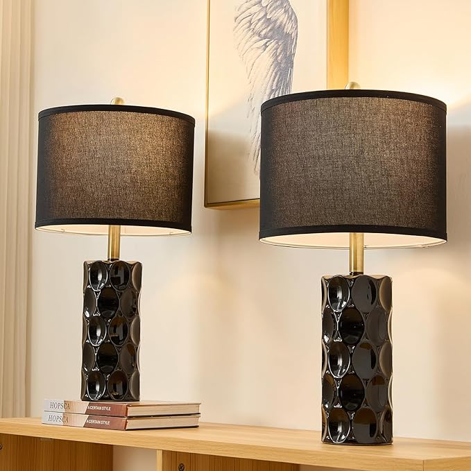 24" Modern Ceramic Table Lamp Set of 2 Bedroom Lamps, 3 Color Dimmable Bedside Lamps for Living Room Farmhouse Nightstand Lamp(Rotary-Black)